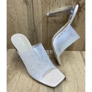 Aldo Ybendaviel Women's Glass Flat High Heel Square Toe Sandals Nude 7 Frosted